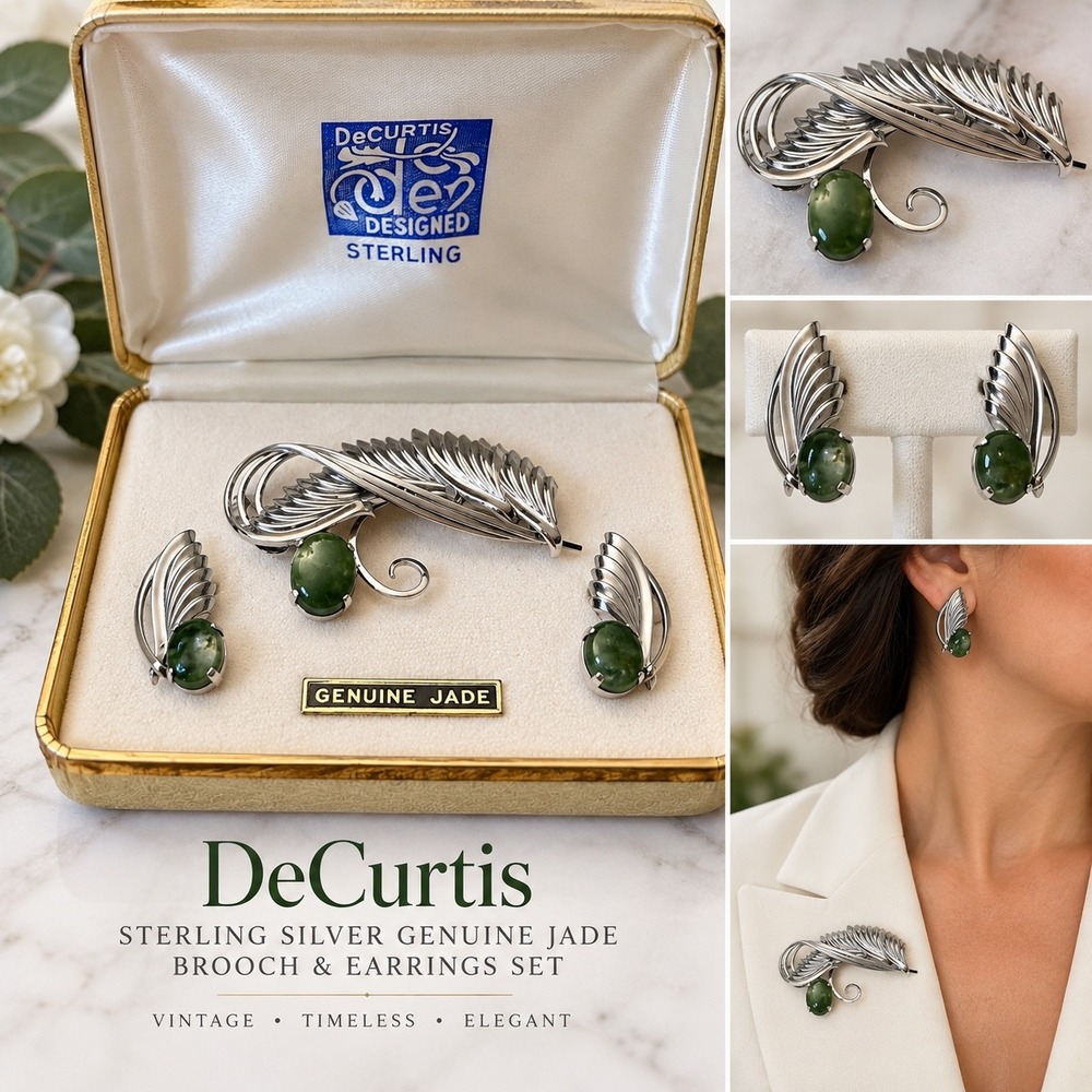 Vintage DeCurtis Sterling Silver Genuine Jade Brooch Earrings Set Original Box